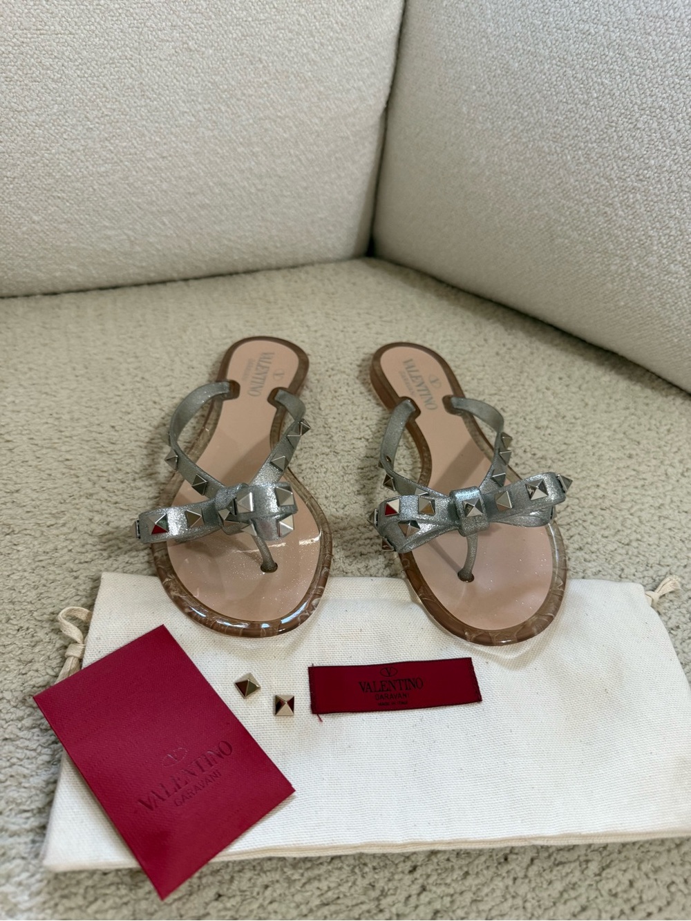 Valentino Silver Rockstud Bow Thong Sandals